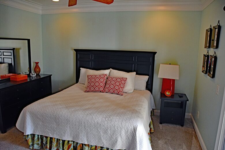 First Floor Master Bedroom with TV, Full Bath, Dresser and Private Dec