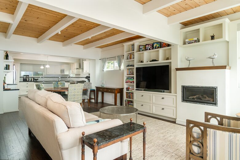 Living Room and Fireplace (looking into kitchen)