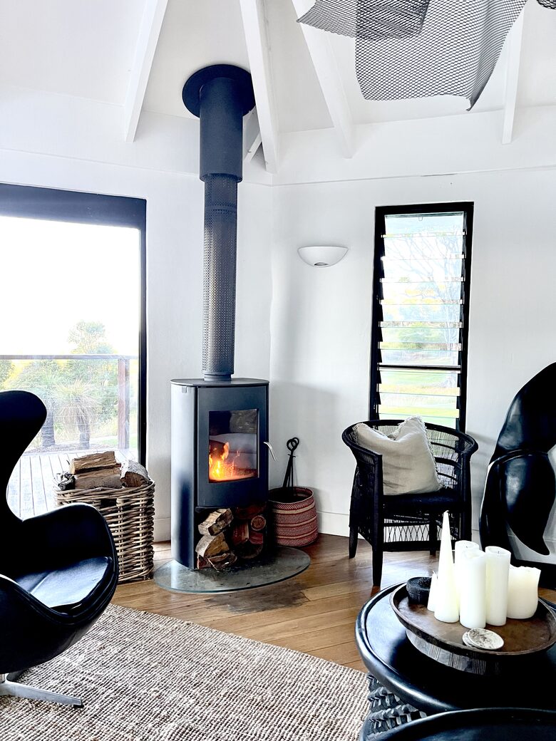 Wood burning fireplace in living room