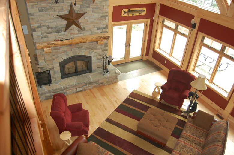 large great room with wood fireplace