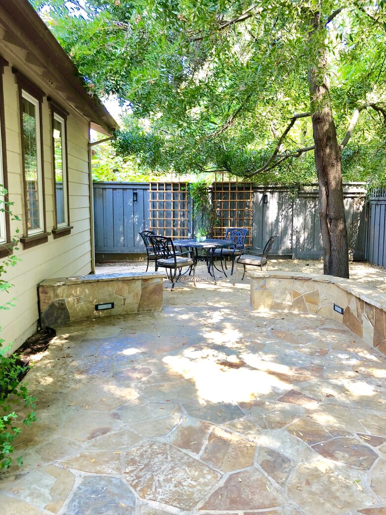 Enjoy outdoor dining under mature trees