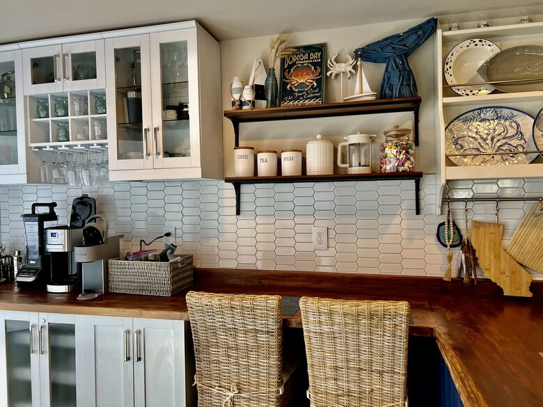 Breakfast bar seating for two in kitchen.