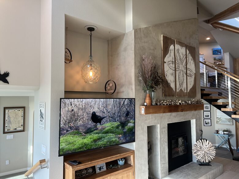 Smart TV and electric fireplace at living room.