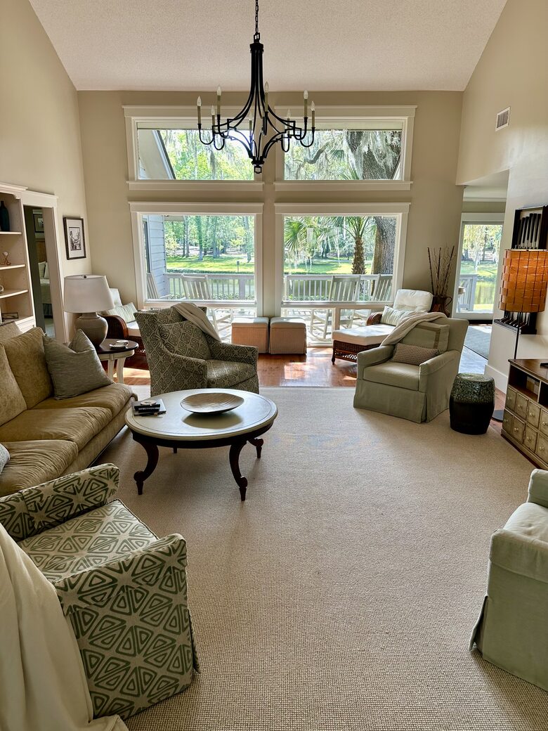 Living room overlooking deck & lagoon.
