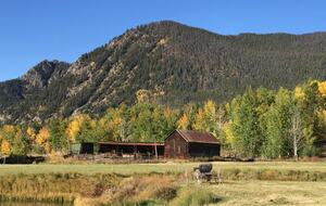 View from front porch across open space meadow and rustic barn