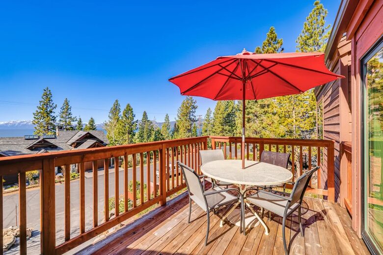 Deck of the living room with partial views of Lake Tahoe