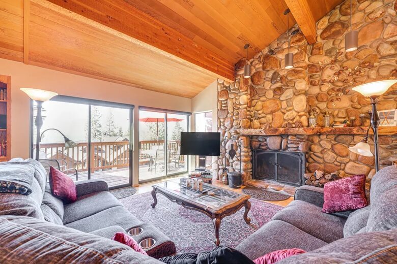 River rock wood burning fireplace
