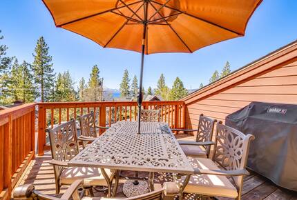 Deck off the dining area with partial views of Lake Tahoe