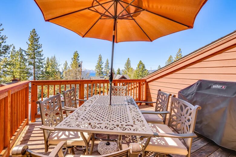 Deck off the dining area with partial views of Lake Tahoe