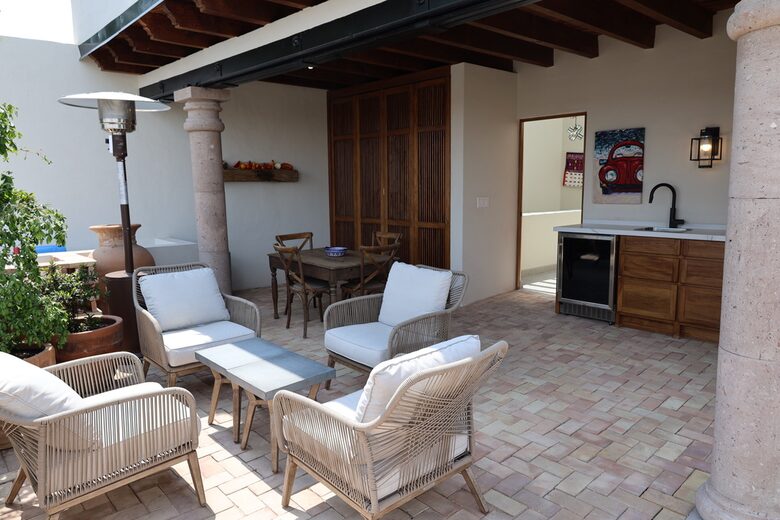 Casita Deck with dining table, living area and Wet Bar/Bev. Frig