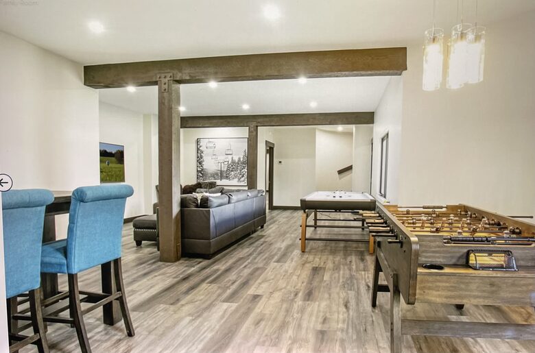Basement living room with games