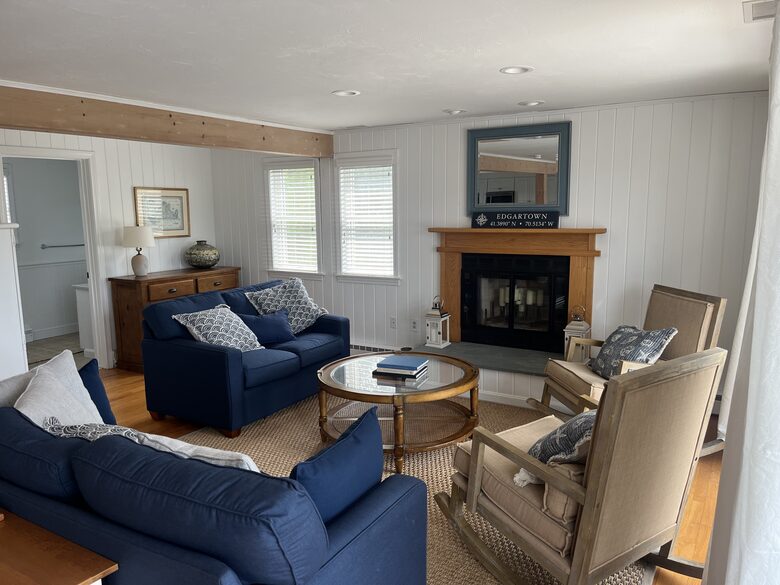living room with sliders to deck