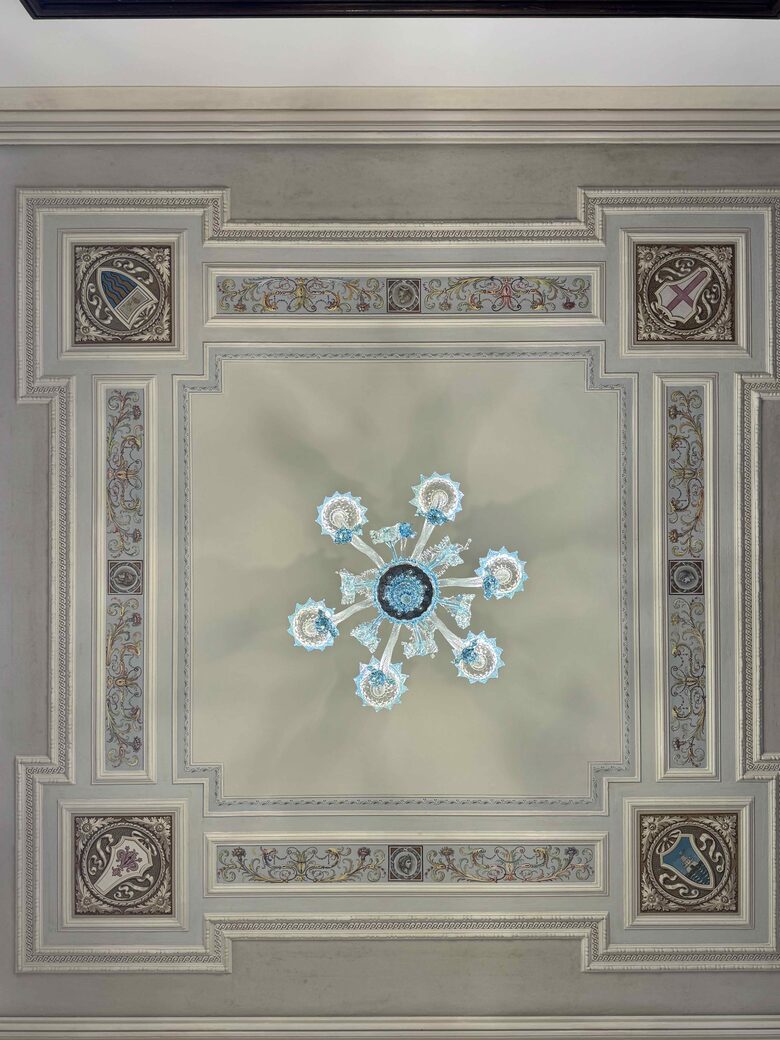 Hand made Murano glass chandelier and original ceiling depicting the 4
