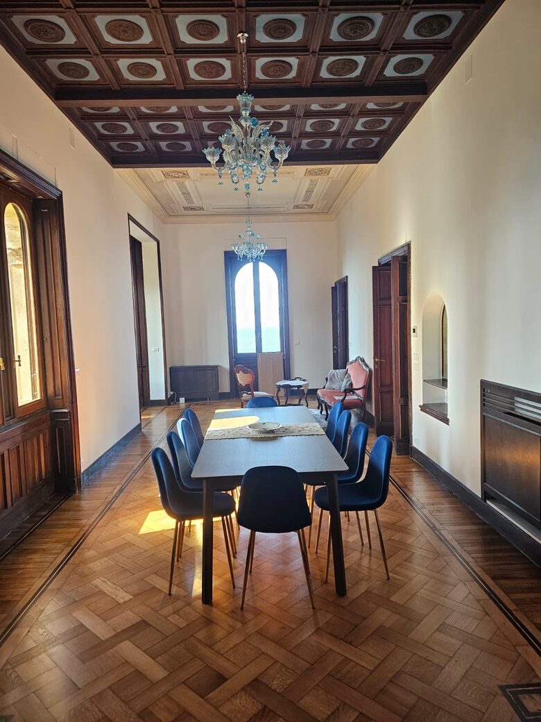 Dining room with coffered and painted decorative ceiling