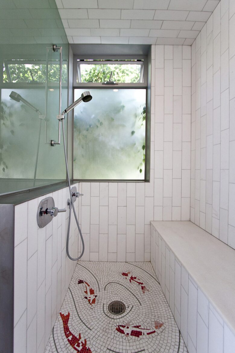 Walk in shower with two shower heads and steam room