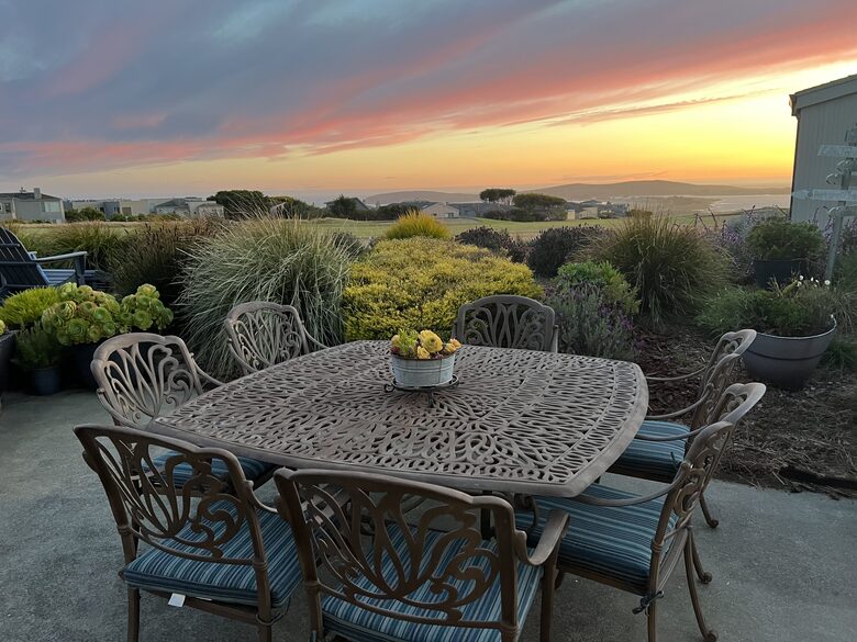 Sunset at outdoor dining area.