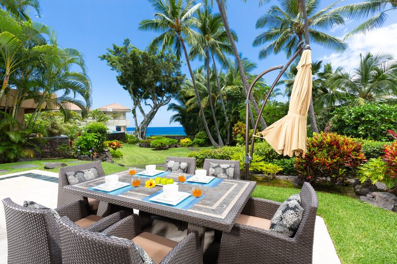 Outdoor dining area with grill
