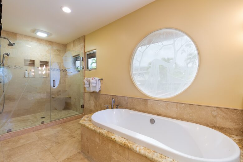 Primary bathroom soaking tub and shower area