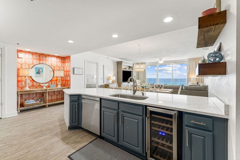 Open concept kitchen with view of the ocean as you prep dinner