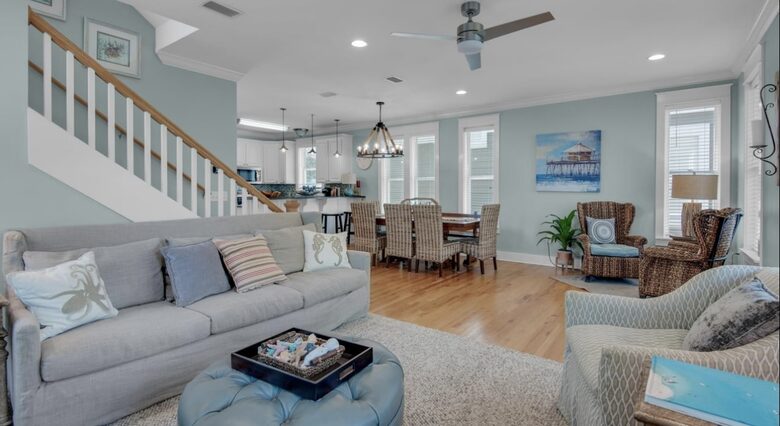 Living room open to Dining room and kitchen