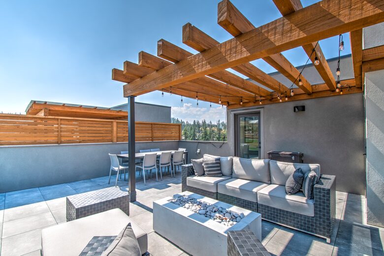 Enjoy the firepit and party lights at night.
