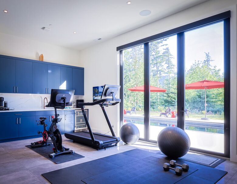 Gym with weights, Peloton 2 and Peloton tread, Yoga