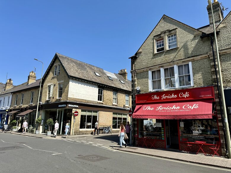 Lots of shops, cafes and bars at the end of the street