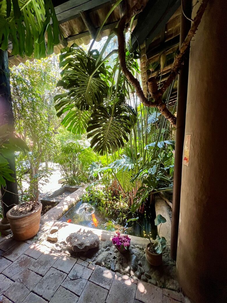 View from an outdoor hall to the koi fish pond