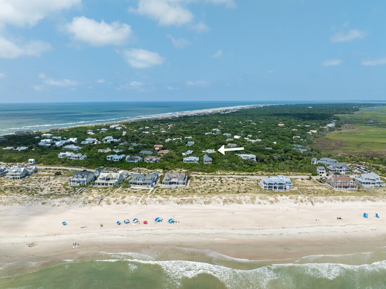 Drone view looking Westward at Island