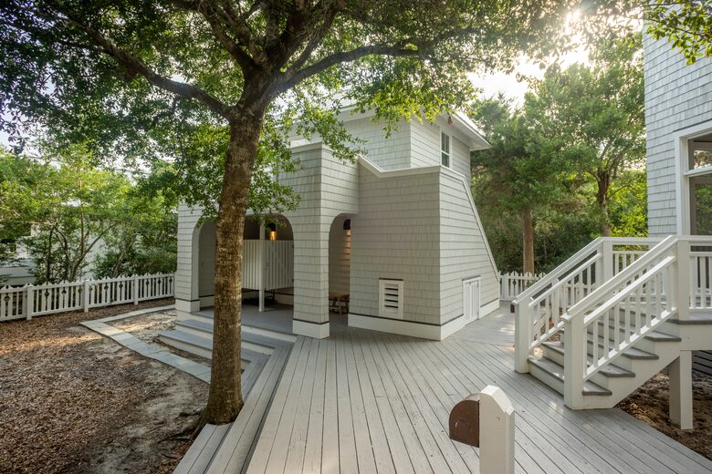 Back Deck with view to Garage, Crofter, & exterior Shower