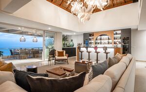Beachfront A/C living room under massive palm palapa