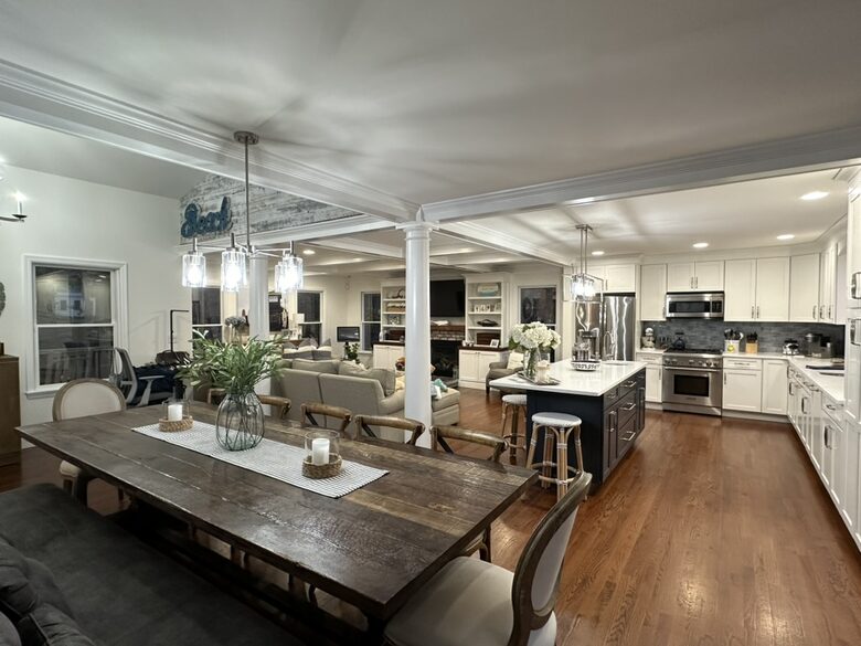 Open concept Living with 12-seat dining table
