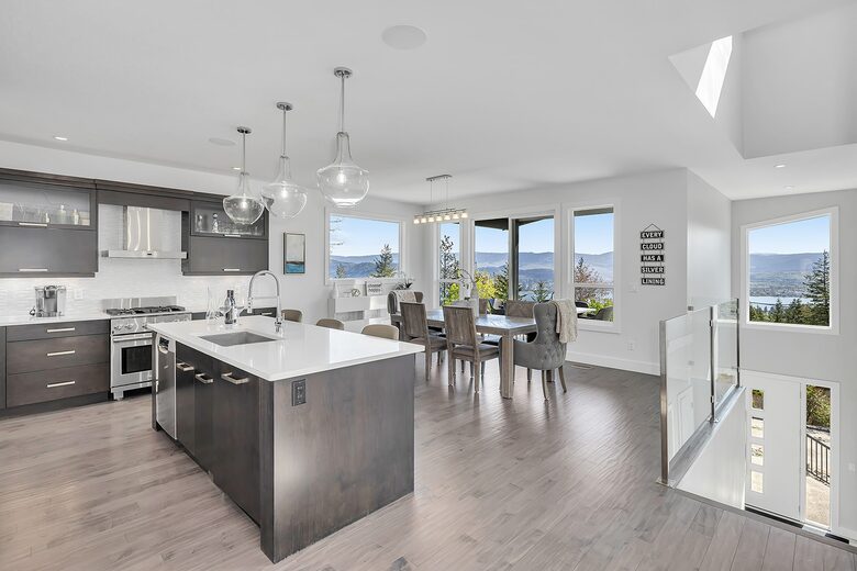 Kitchen with lake and city views