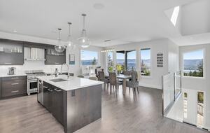 Kitchen with lake and city views