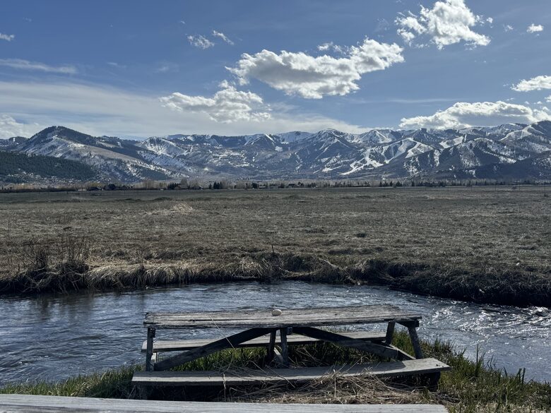 Deck and old table at the peninsula of creek.