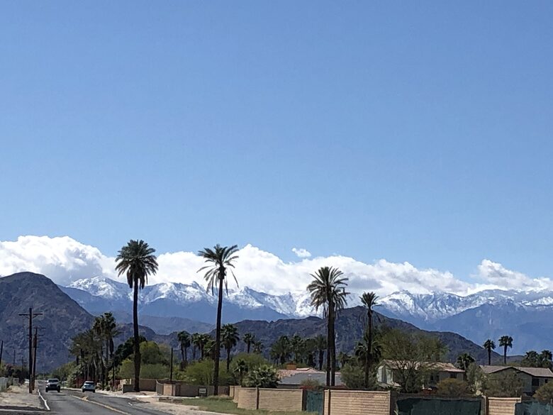 Neighborhood with lush landscaping, views of snow topped mountains