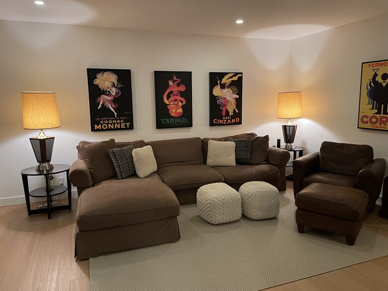 Media room with large sectional sofa