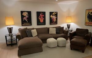 Media room with large sectional sofa