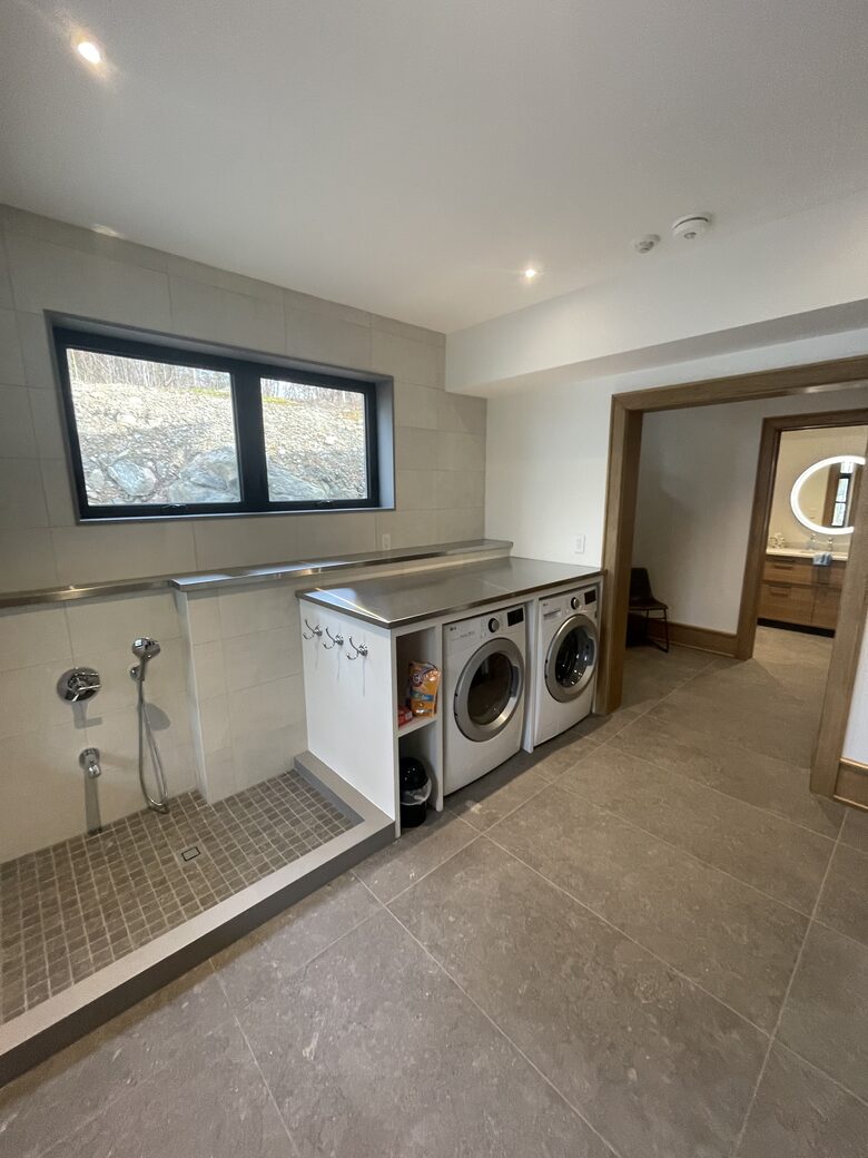 Lower level laundry, dog wash, second refrigerator, walk out to lake