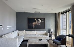 Living room on 1st fl.  Floor-ceiling windows facing NYC, sunset views