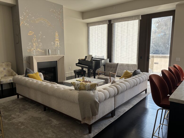 PHA living room with fireplace (door to lower private deck)