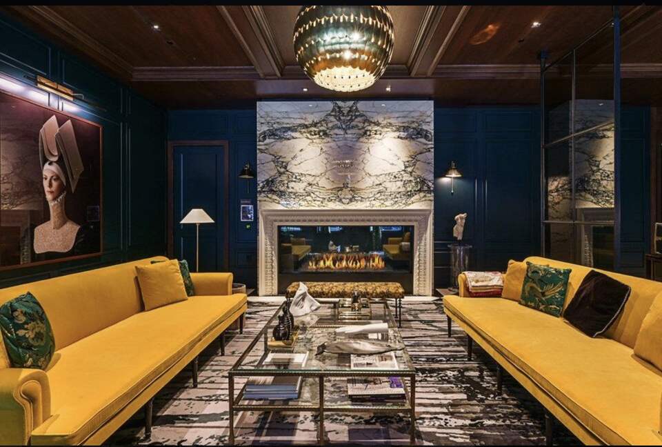 Building lobby with fireplace