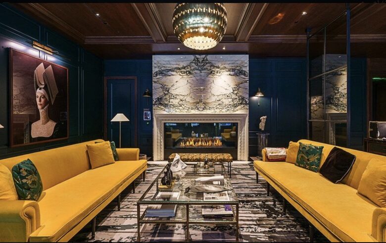 Building lobby with fireplace