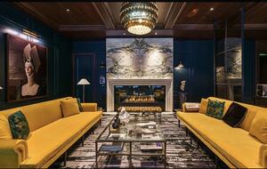 Building lobby with fireplace