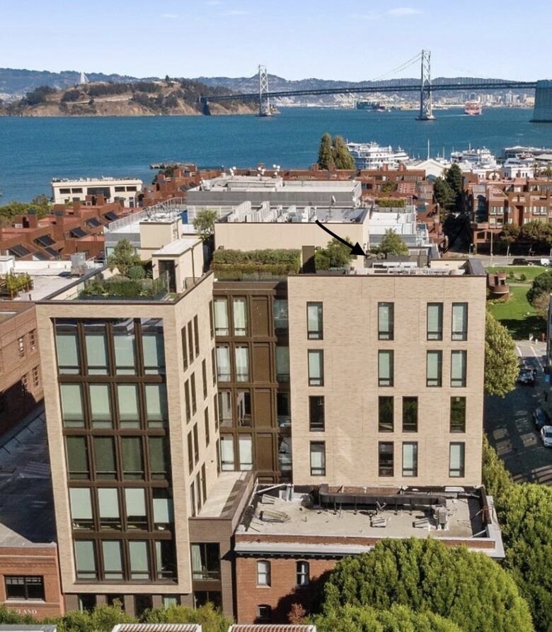 Bldg aerial view (Battery side); arrow shows PHA upper private deck