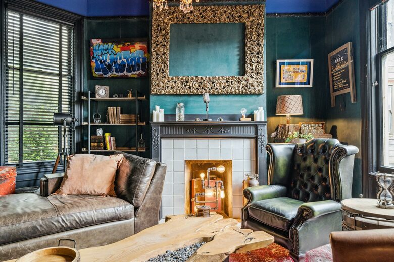 2F Salon: A chaise sofa, coffee table, & Chesterfield chair