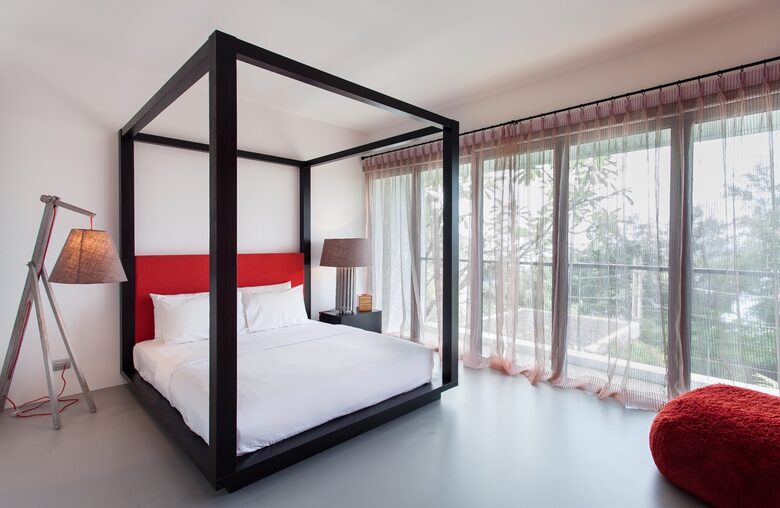 The red bedroom downstairs has its own bathroom