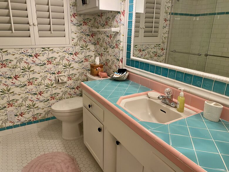 Full bath with step-in shower and plenty of counter and storage space.