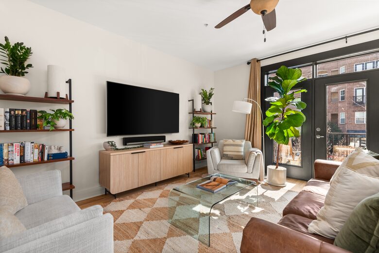 Comfortable living room with a smart TV (and books)