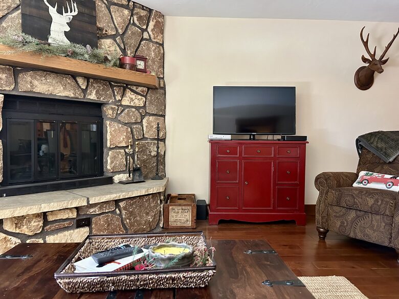 Wood burning fireplace for cozy evenings in